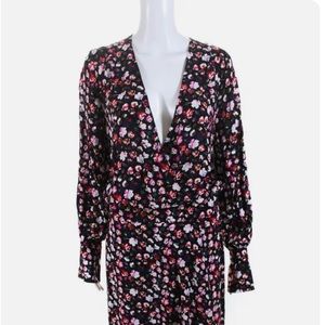 EQUIPMENT FEMME BLACK AND RED FLORAL LONG SLEEVE FAUX WRAP MIDI FORMAL DRESS